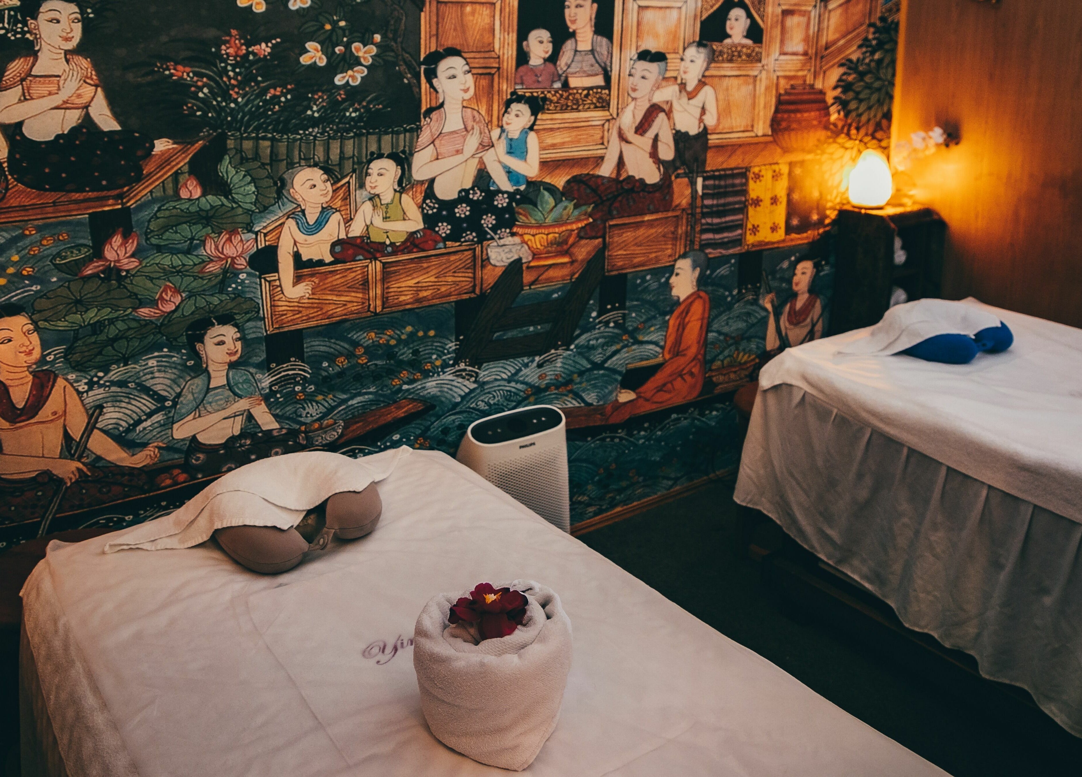 Tranquil massage room at Yindee Thai Massage Broadbeach, featuring Thai artwork, Broadbeach, Queensland, AU.