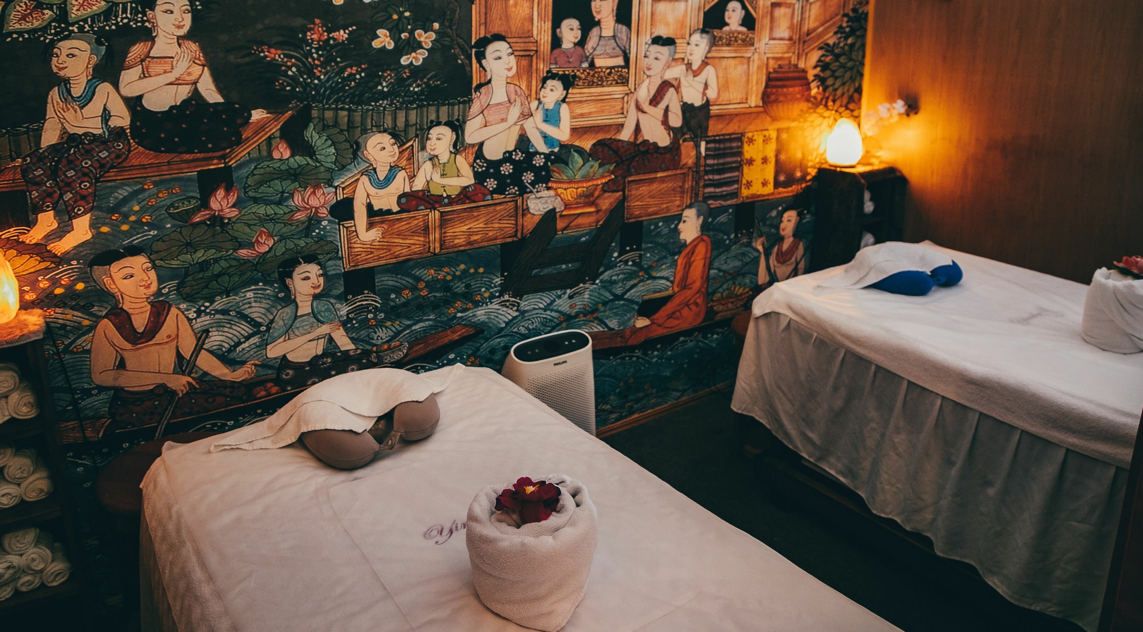 Tranquil massage room at Yindee Thai Massage Broadbeach, featuring Thai artwork, Broadbeach, Queensland, AU.