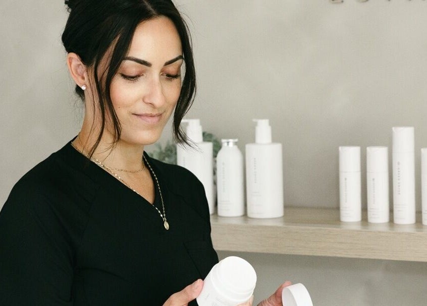A beauty specialist reviews skincare products at Brittney Finch Esthetics in Ottawa, Ontario, CA.