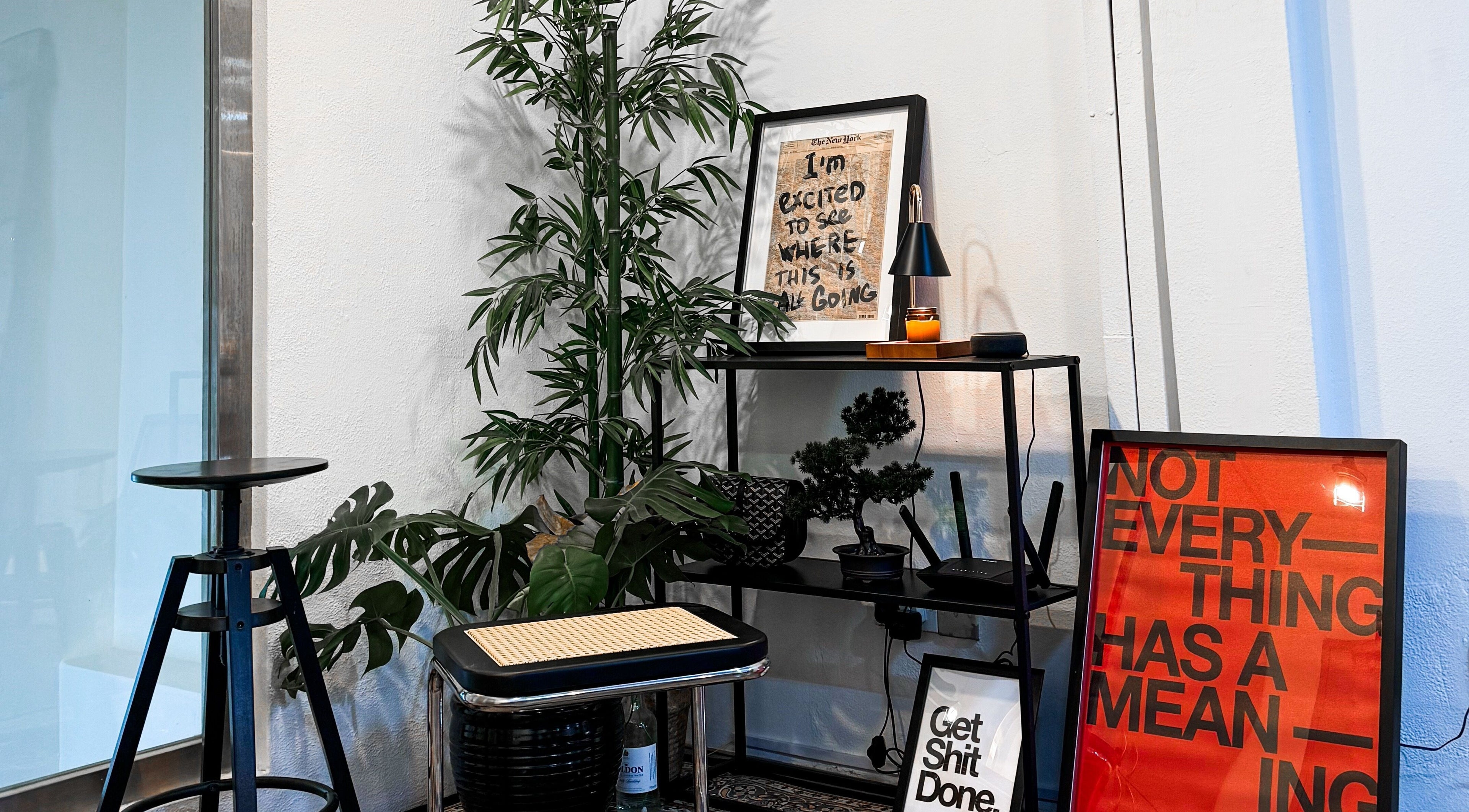 Trendy interior decor at Mane Of Man, Singapore, SG showcasing stylish frames and plants.