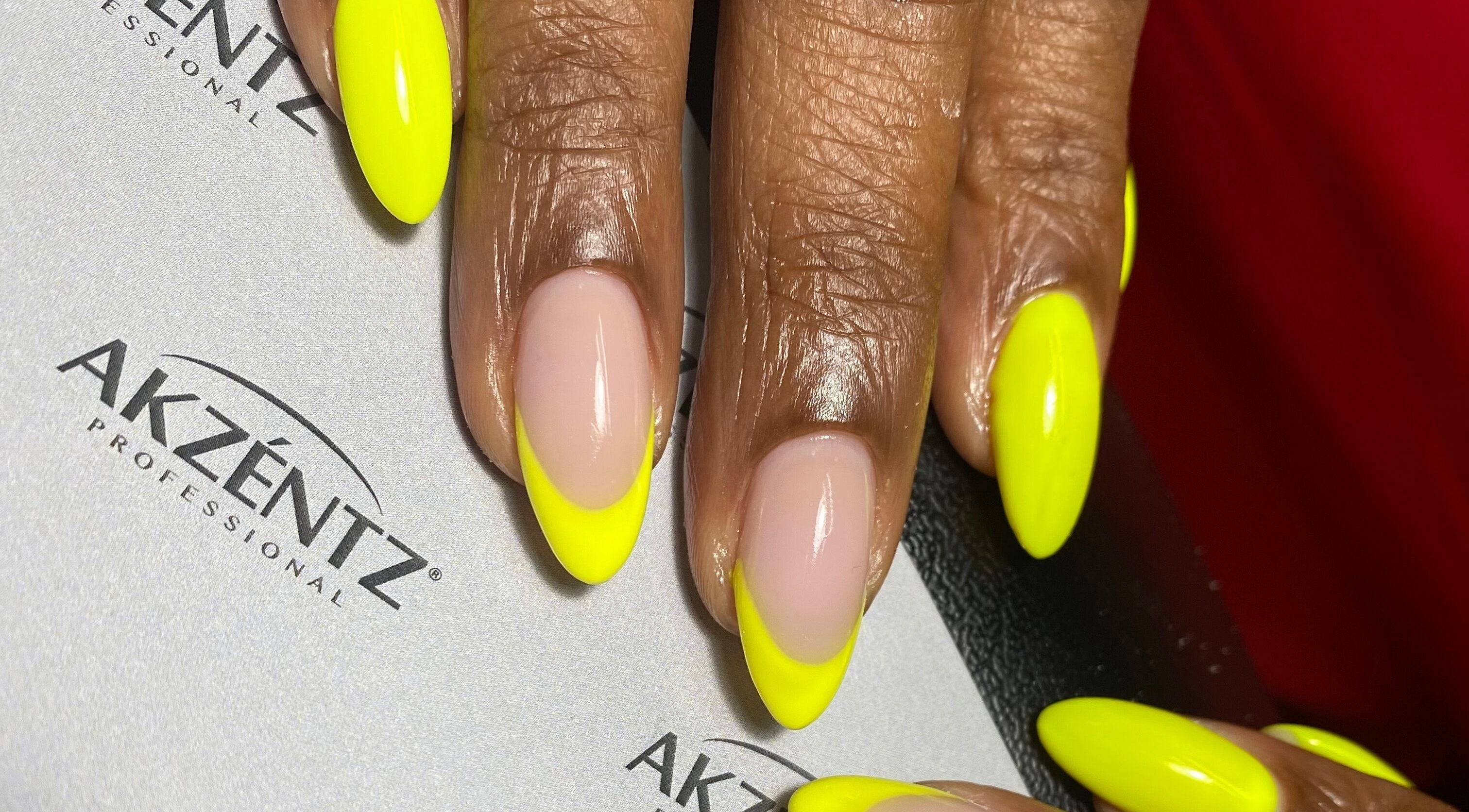 Stylish yellow nails at Harmony Nail Studio, Freeport, Freeport, BS.