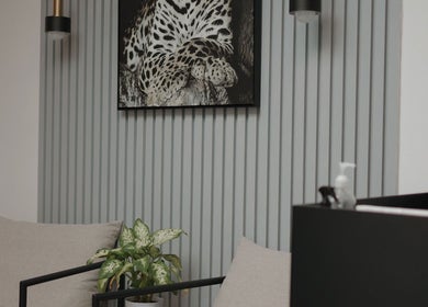 Modern lounge area at Shine by Bre, Orlando, Florida, US with elegant decor and a leopard art piece.