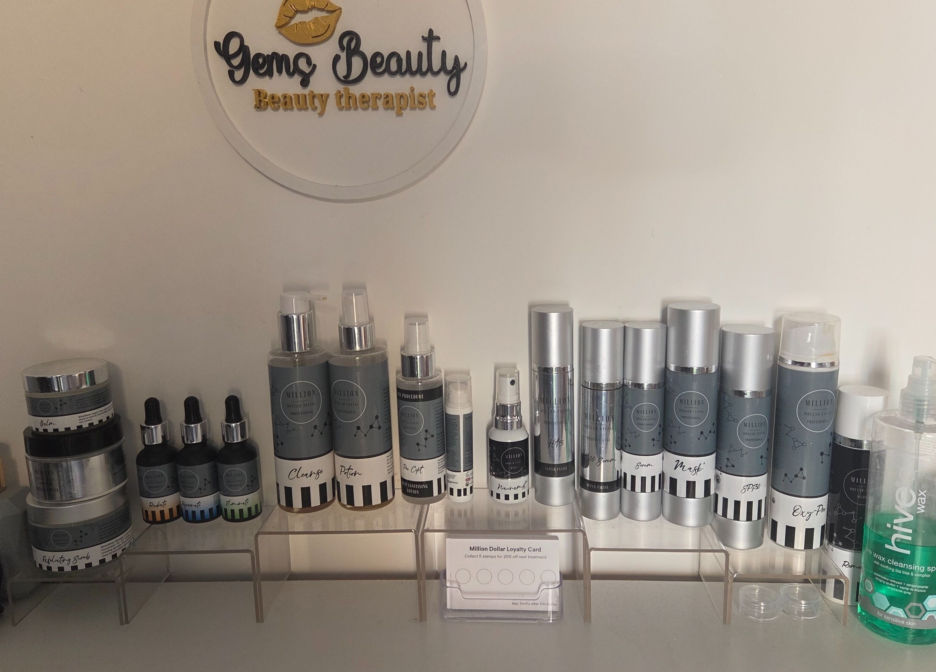 Beauty products on display at Gems Beauty in Silver End, England, GB showcasing various skincare options.