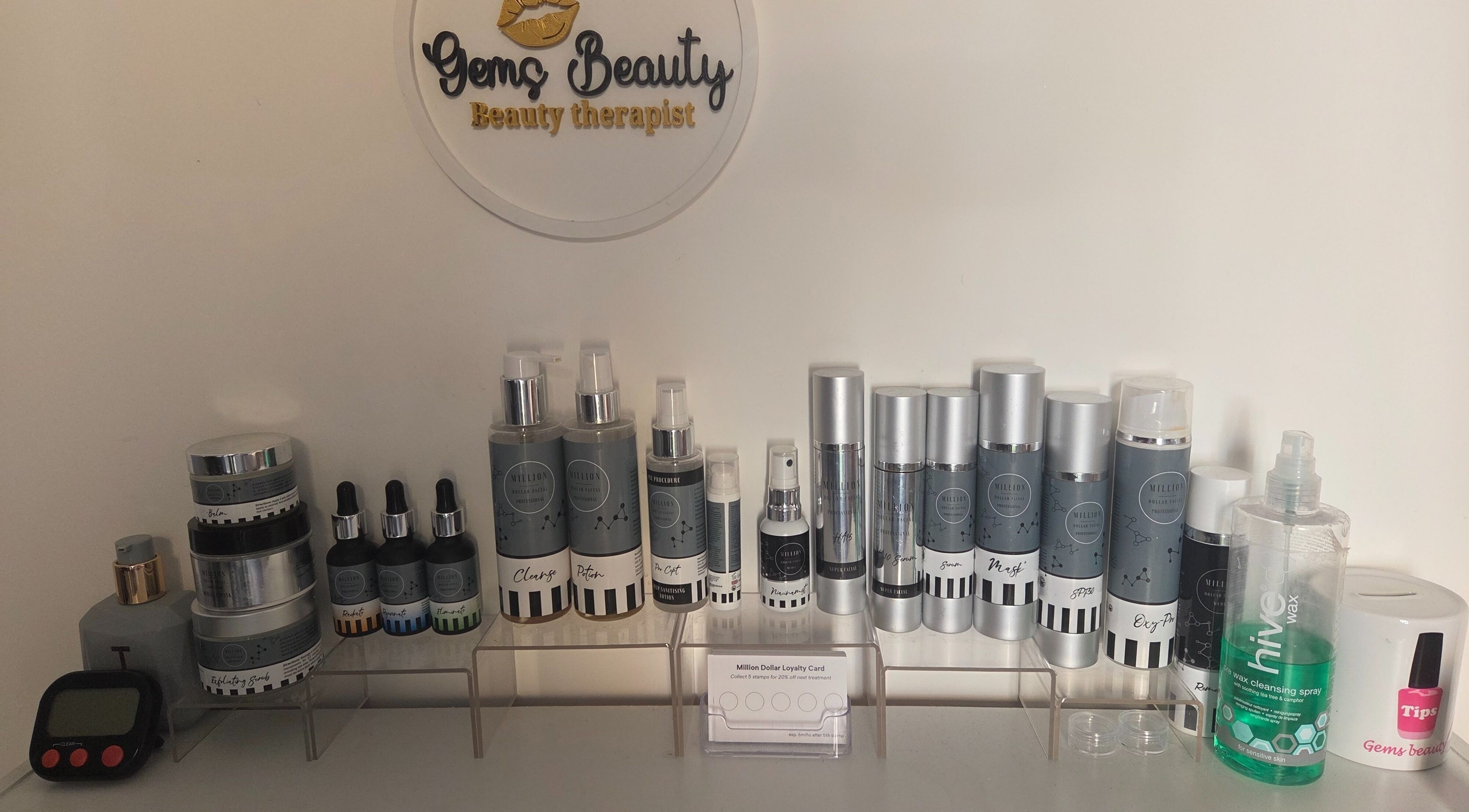 Beauty products on display at Gems Beauty in Silver End, England, GB showcasing various skincare options.