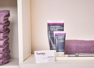 Saiqs Hair and Beauty in London, England offers premium skincare products and soft lavender towels.