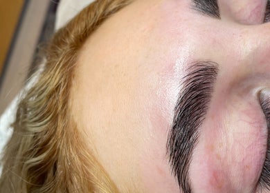 Close-up of expertly shaped eyebrows at Agnes Beauty Haven, Westhill, Scotland, GB.