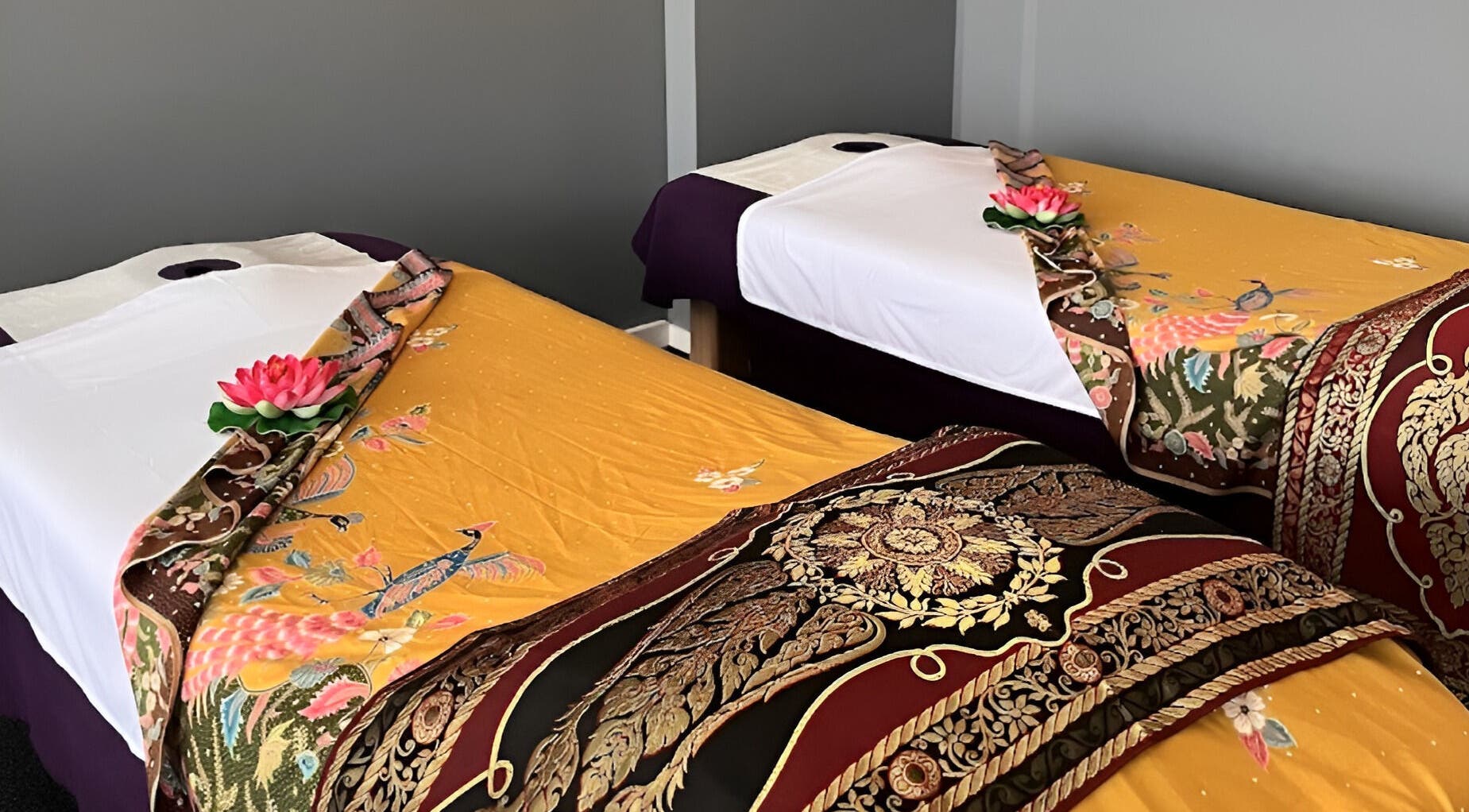 Iyra Thai Massage - Silverdale spa room with two decorated massage beds in Silverdale, Auckland, NZ.