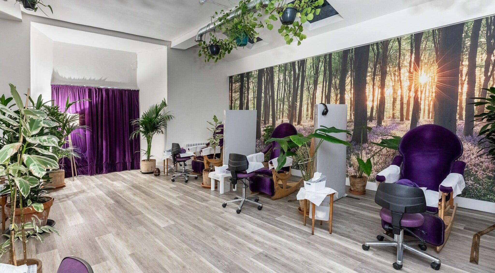 Relaxing treatment room at Reflexions Bayswater, London, England, GB with purple chairs and green plants.