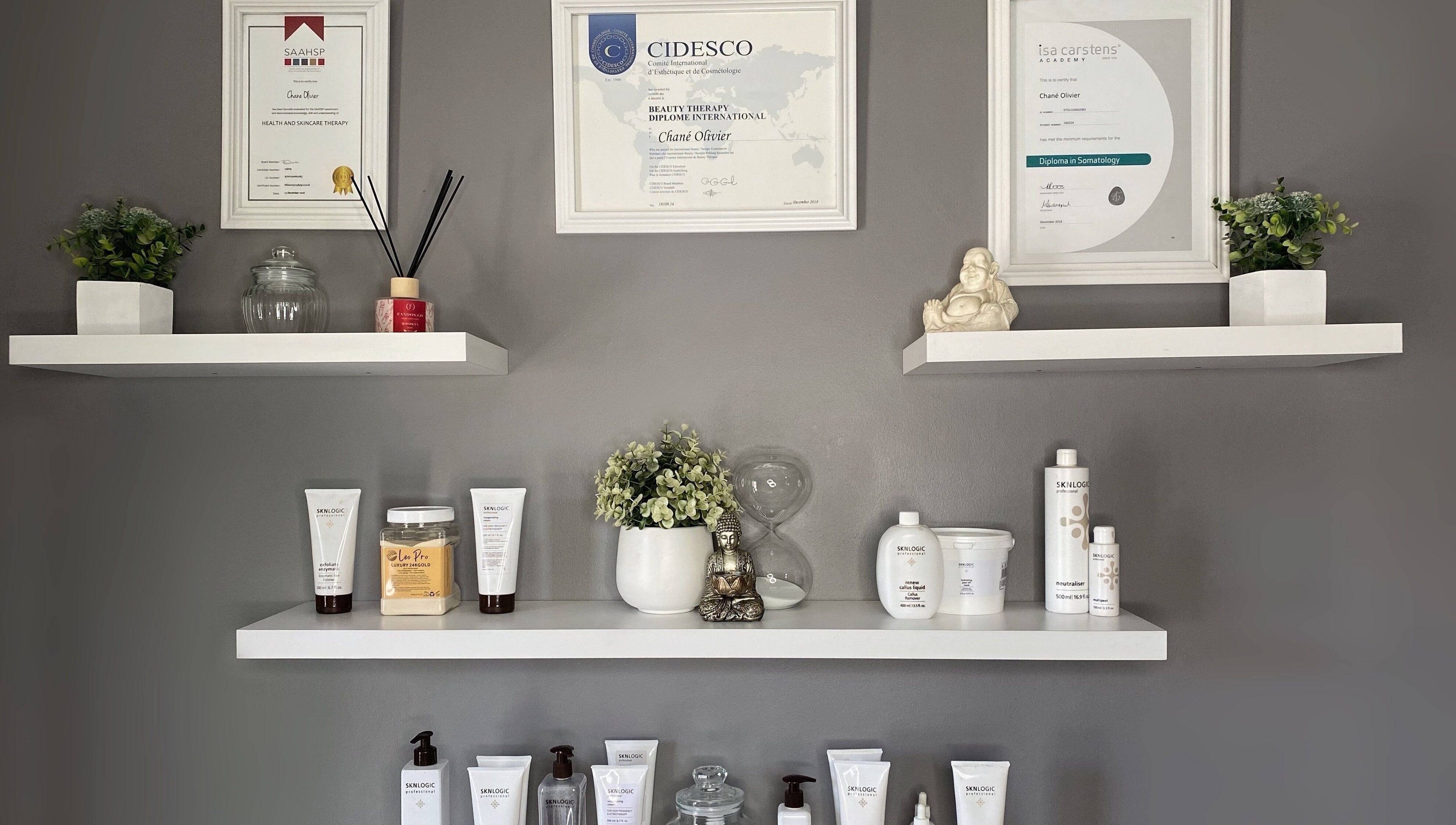 Product display shelves at Relax Rejuvenate Refresh in Boksburg, Gauteng, ZA, showcasing skincare items.