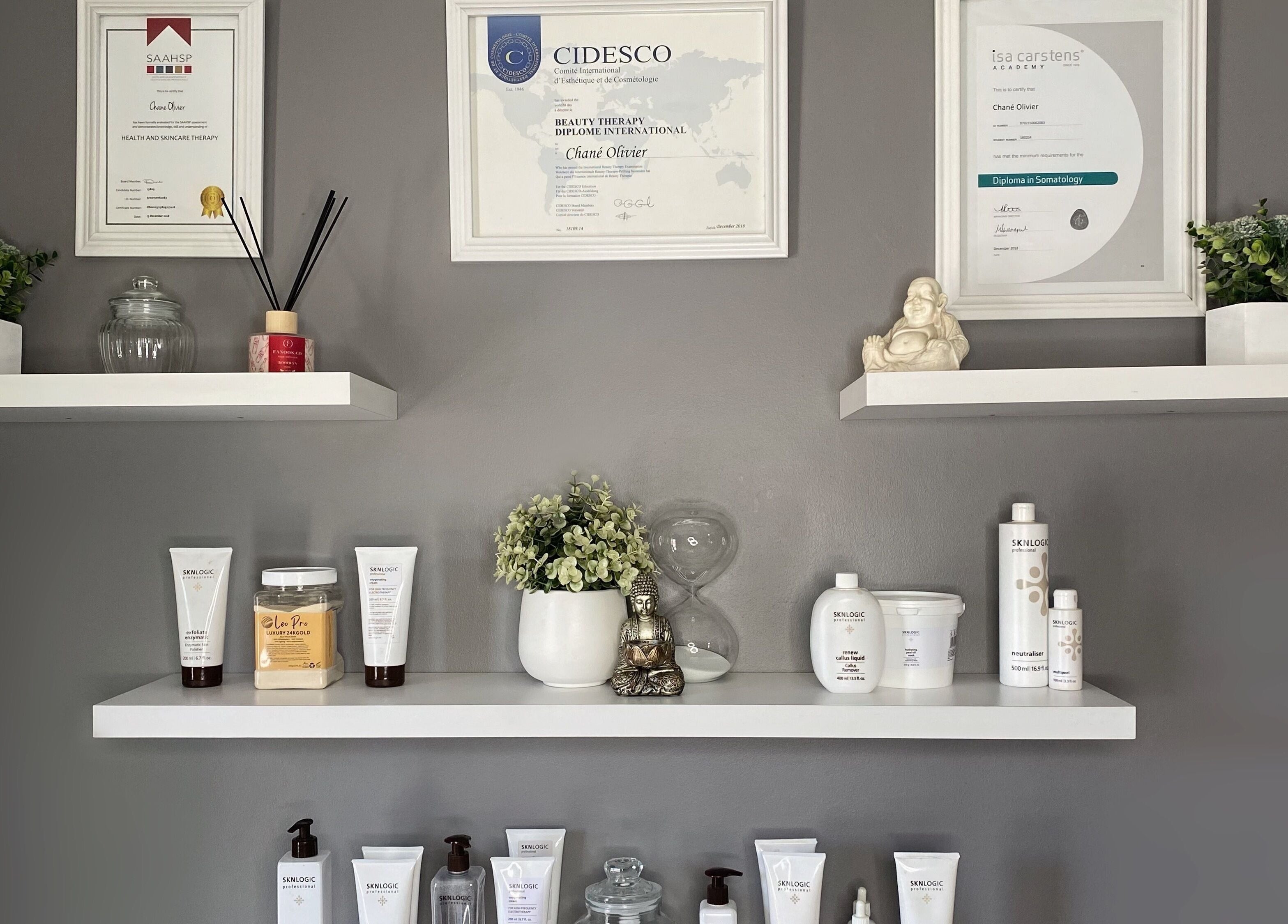 Product display shelves at Relax Rejuvenate Refresh in Boksburg, Gauteng, ZA, showcasing skincare items.