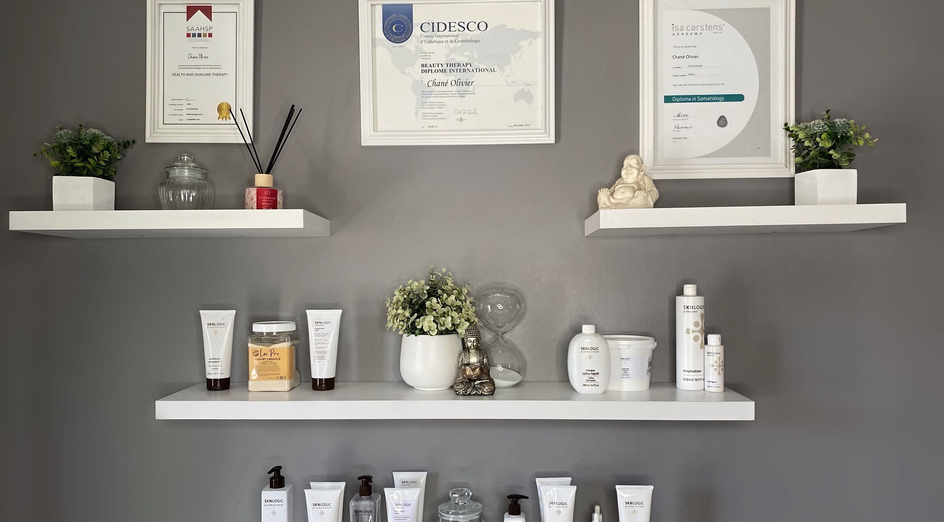 Product display shelves at Relax Rejuvenate Refresh in Boksburg, Gauteng, ZA, showcasing skincare items.