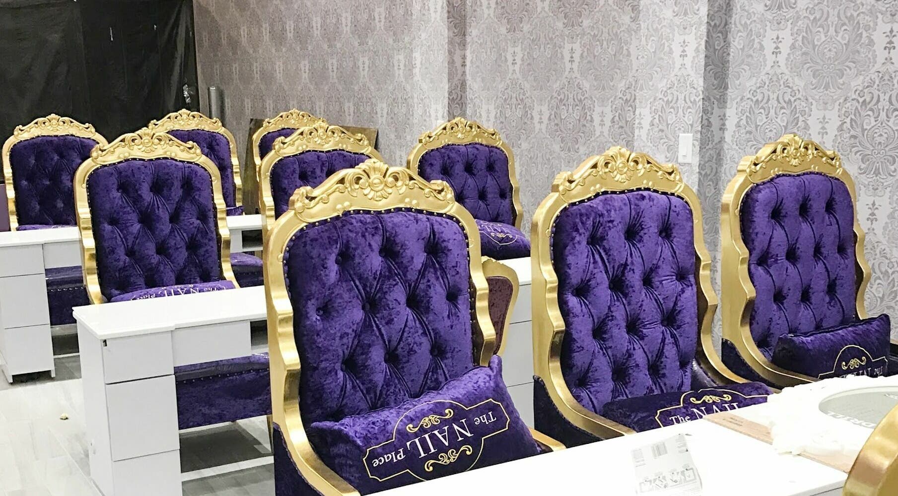 Luxurious purple and gold nail chairs at The Nail Place, Evergreen Park, Illinois, US.
