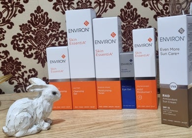 Environ skincare products on a wooden shelf at Aphrodite Beauty Boutique, Nelson, Nelson, NZ.