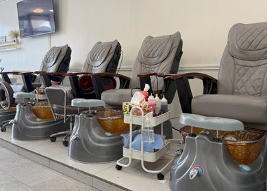 Elegant pedicure chairs at Sarang Nails, Toronto, Ontario, CA, offering top-notch relaxation.