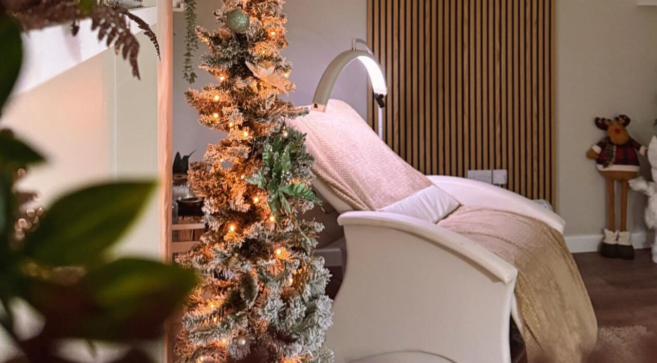 Relaxing chair and festive decor at Sabina - Beauty Artistry, Littleborough, England, GB.