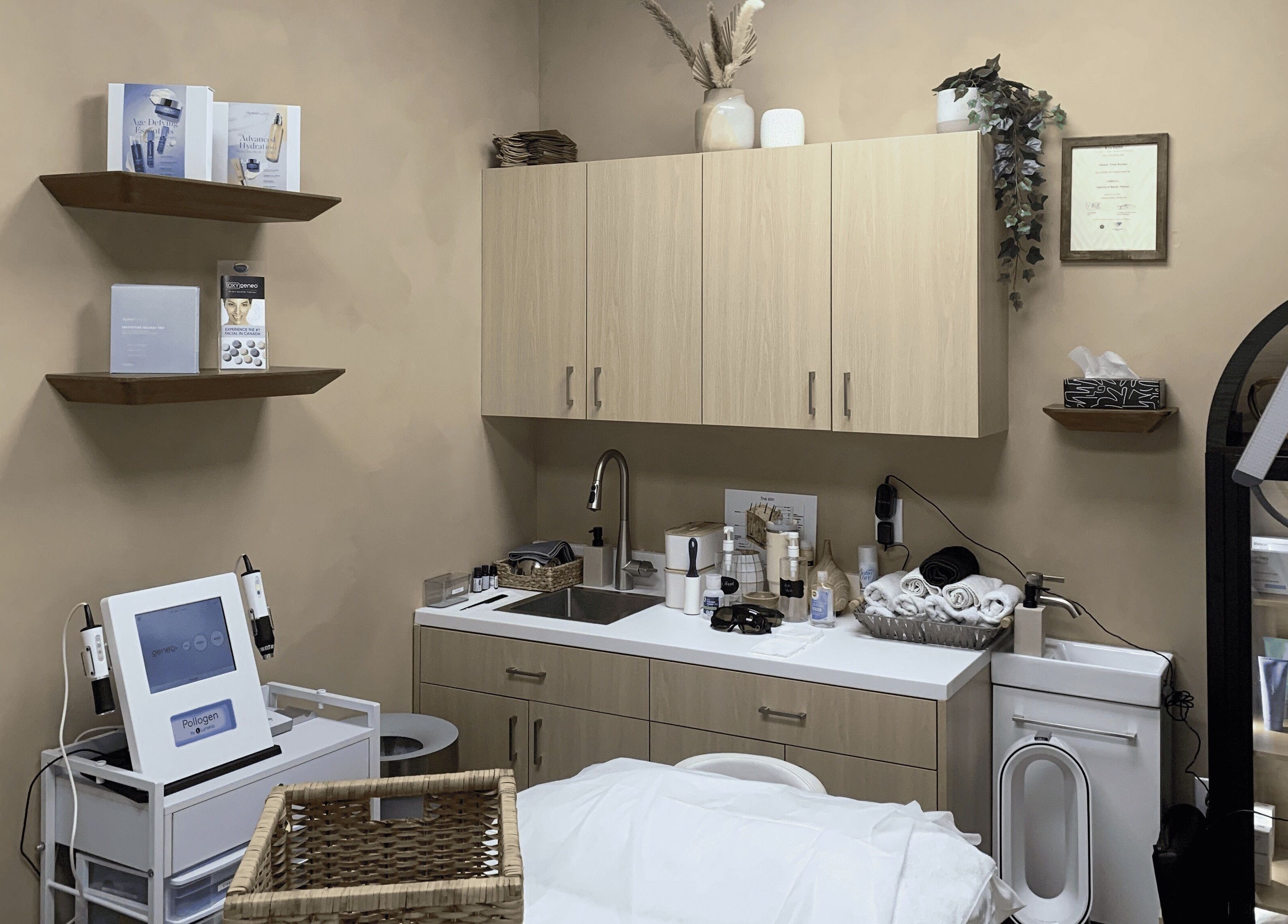 Relaxing treatment room at Vertex Aesthetics, Toronto, Ontario, CA, featuring modern skincare tools and products.