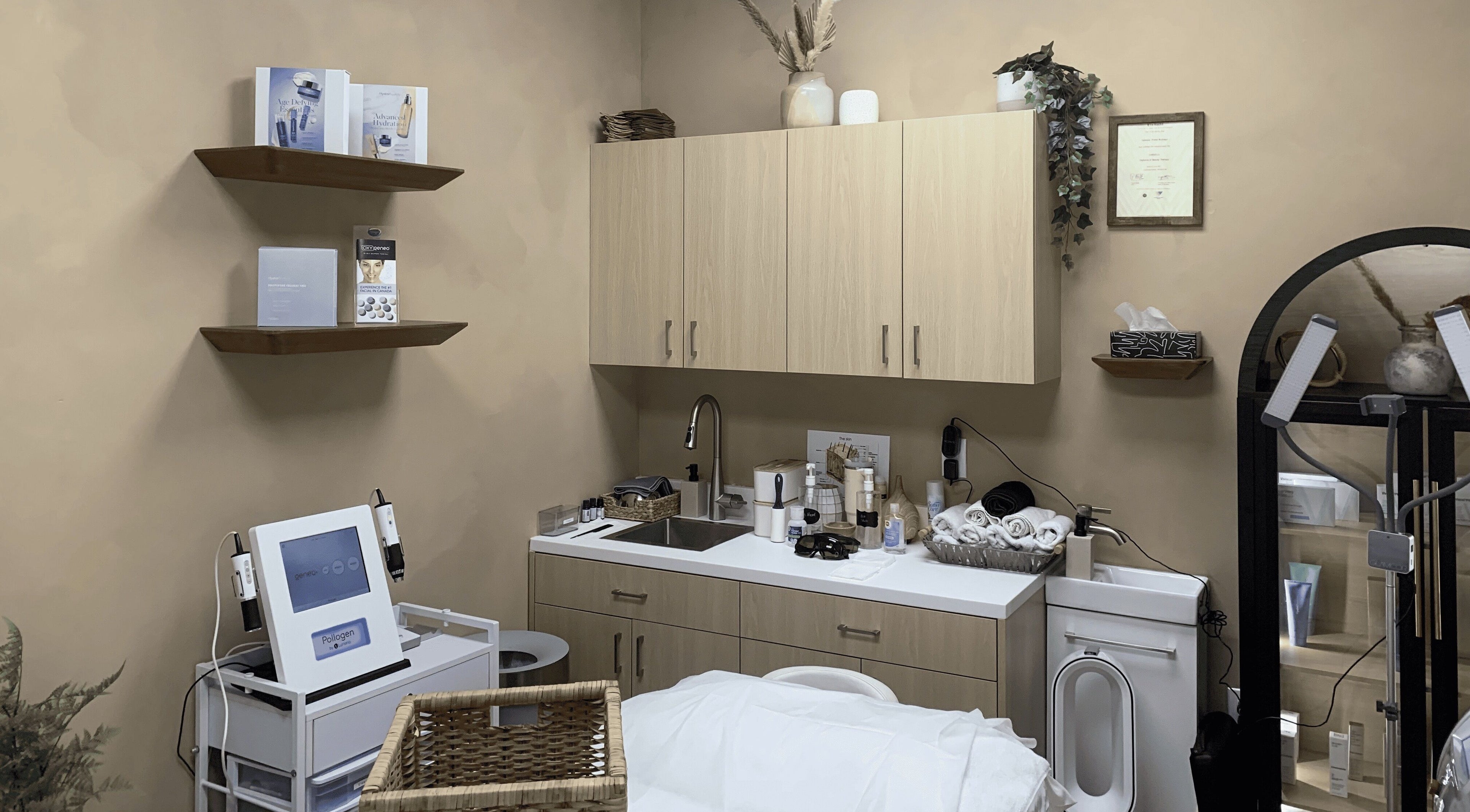 Relaxing treatment room at Vertex Aesthetics, Toronto, Ontario, CA, featuring modern skincare tools and products.