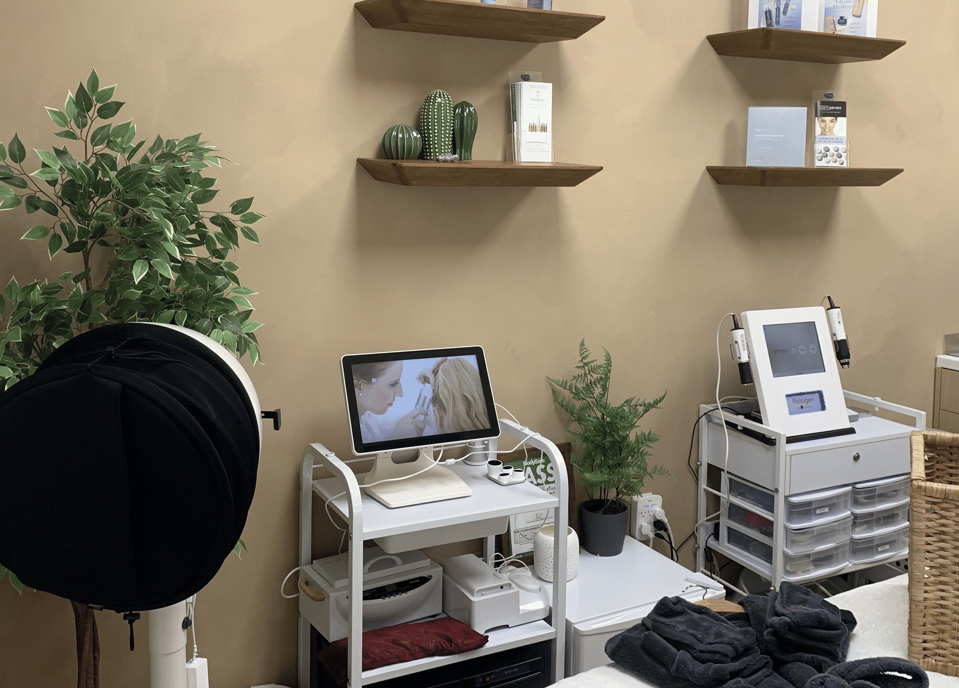 Beauty treatment area at Vertex Aesthetics, Toronto, Ontario, CA, featuring equipment and greenery.