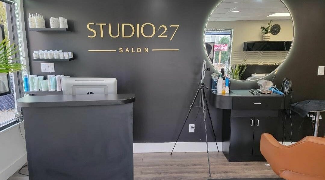 Reception area at STUDIO 27 SALON in Everett, Massachusetts, US with modern decor and professional styling tools.