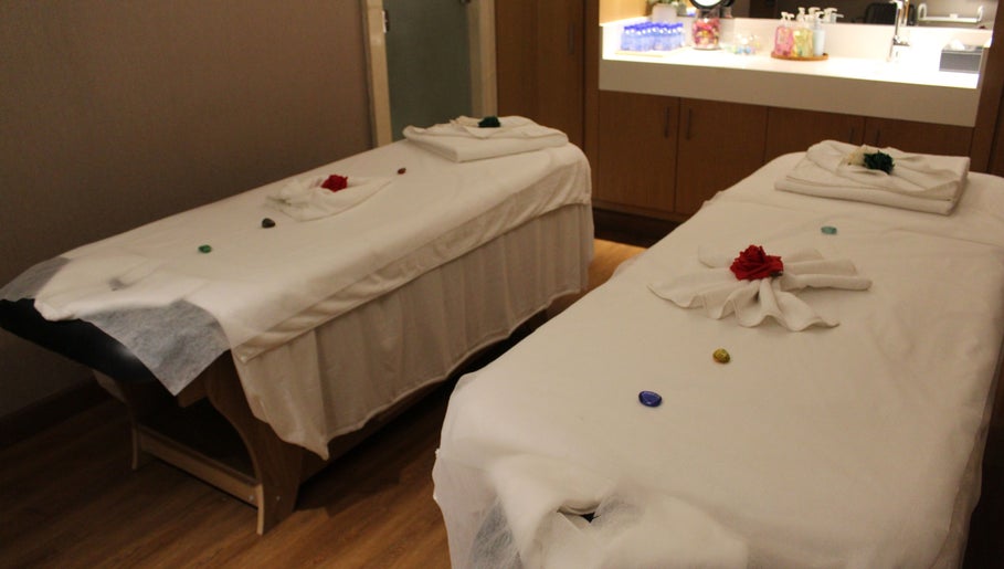 Relaxing massage tables at Niyama Spa at Hilton Garden Inn Albarsha, Dubai, Dubai, AE, with serene decor.
