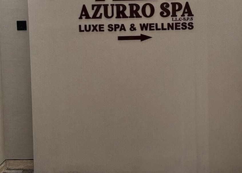 Entrance sign of Azurro Spa at Mercure Downtown Abudhabi, Abudhabi, AE, showing luxe spa directions.