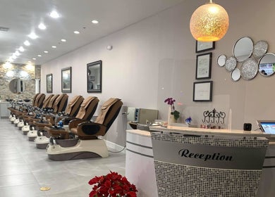 Modern pedicure stations and reception at Helen's Nails & Spa, Wildwood, Florida, US.