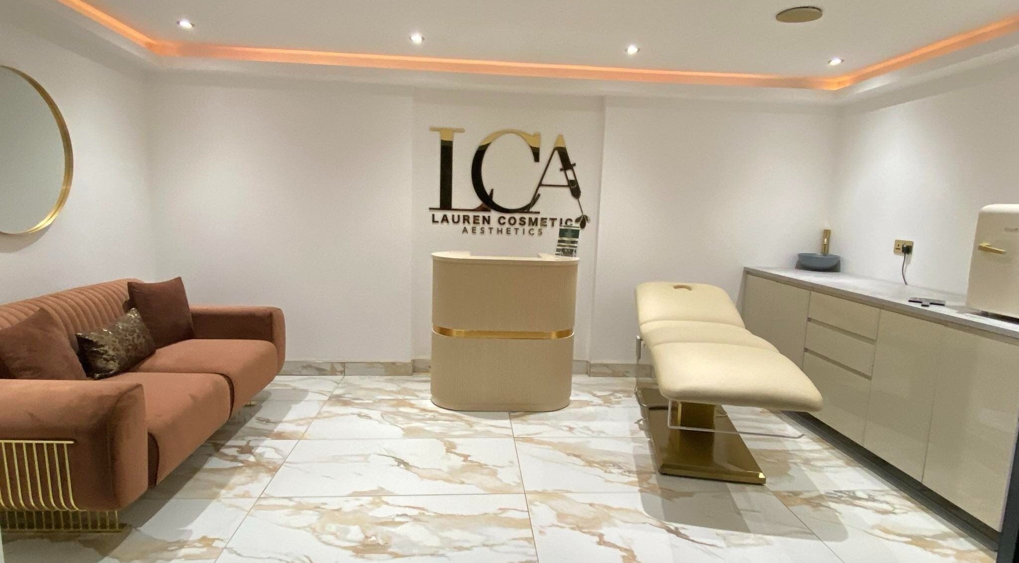 Luxurious spa room at Lauren Cosmetic Aesthetics in Wigan, England, GB with modern decor and plush seating.