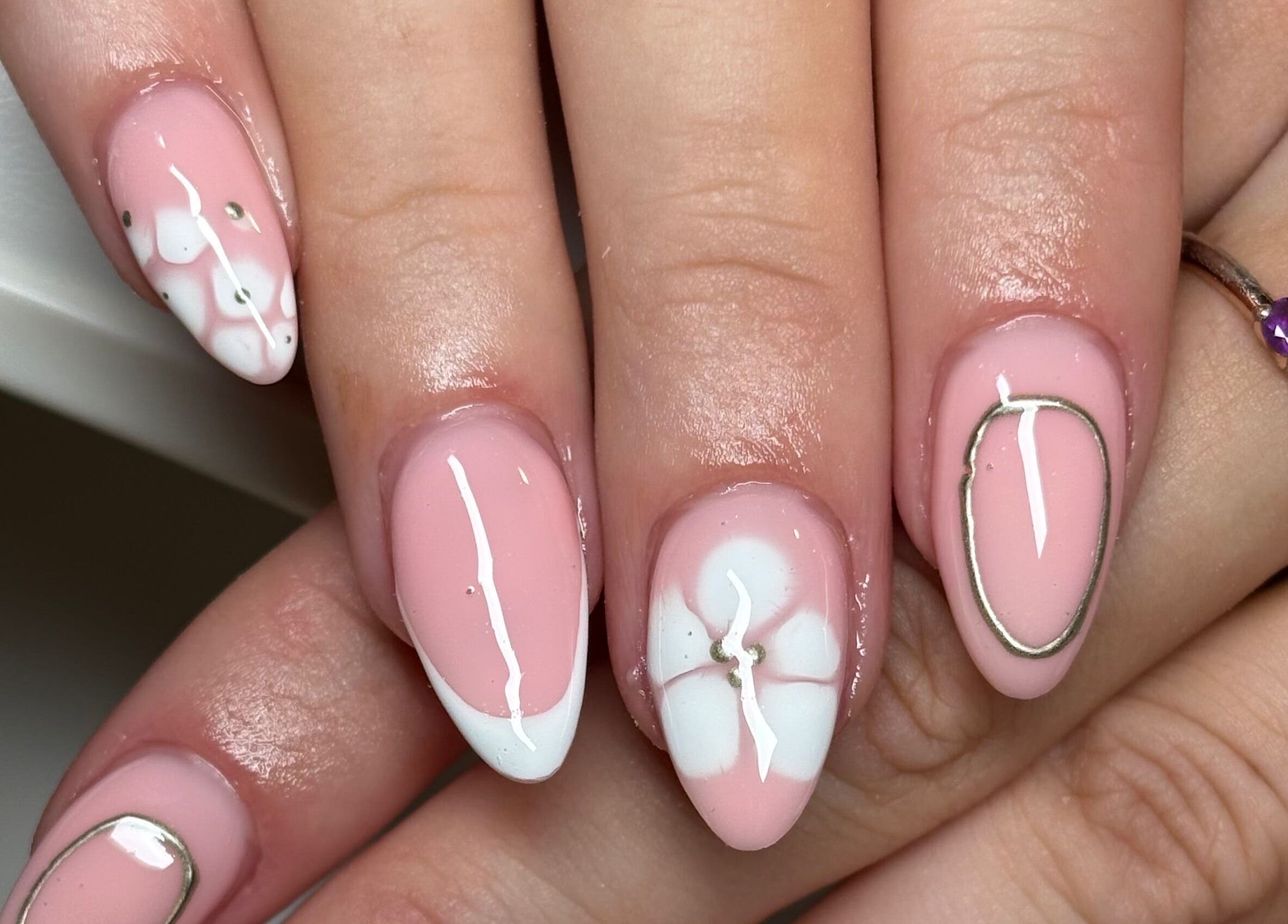 Elegant pink nail art with flower design at The Boujee Nail Club, Bathgate, Scotland, GB.