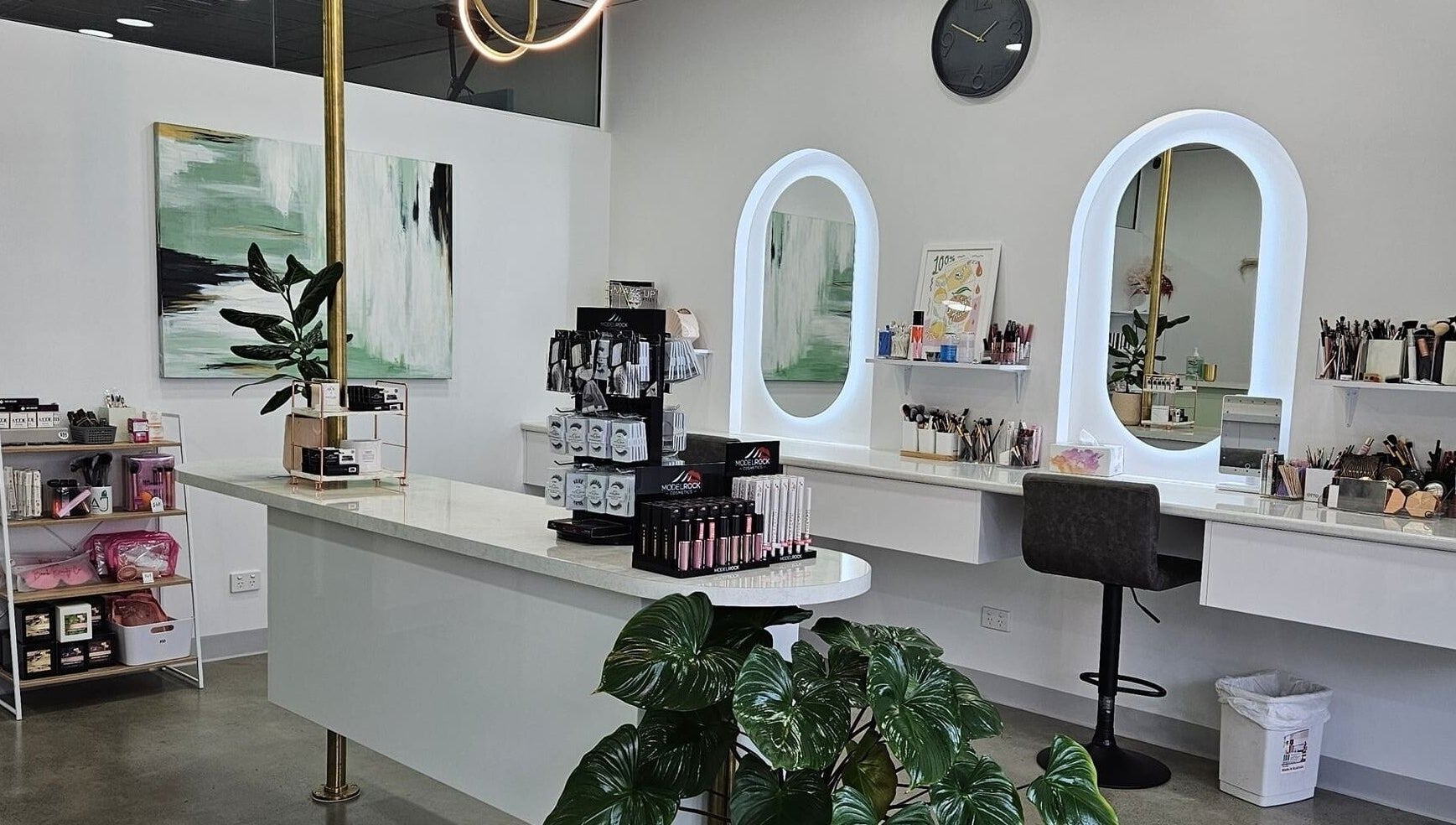 Elegant interior of AJ Makeup Studio in Launceston, Tasmania, AU featuring modern decor and beauty products.