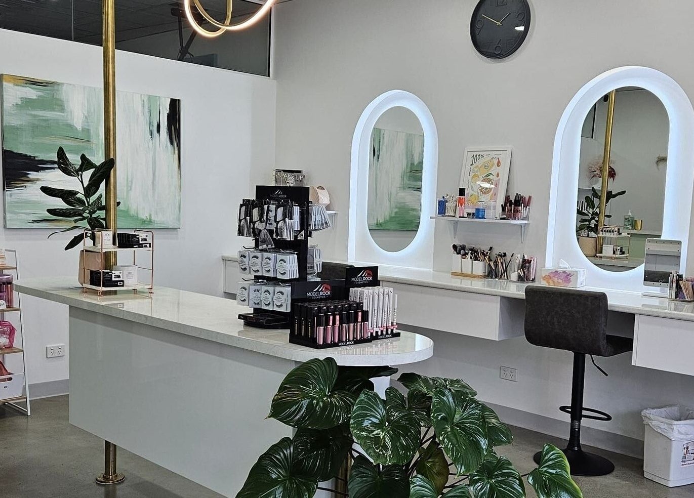 Elegant interior of AJ Makeup Studio in Launceston, Tasmania, AU featuring modern decor and beauty products.