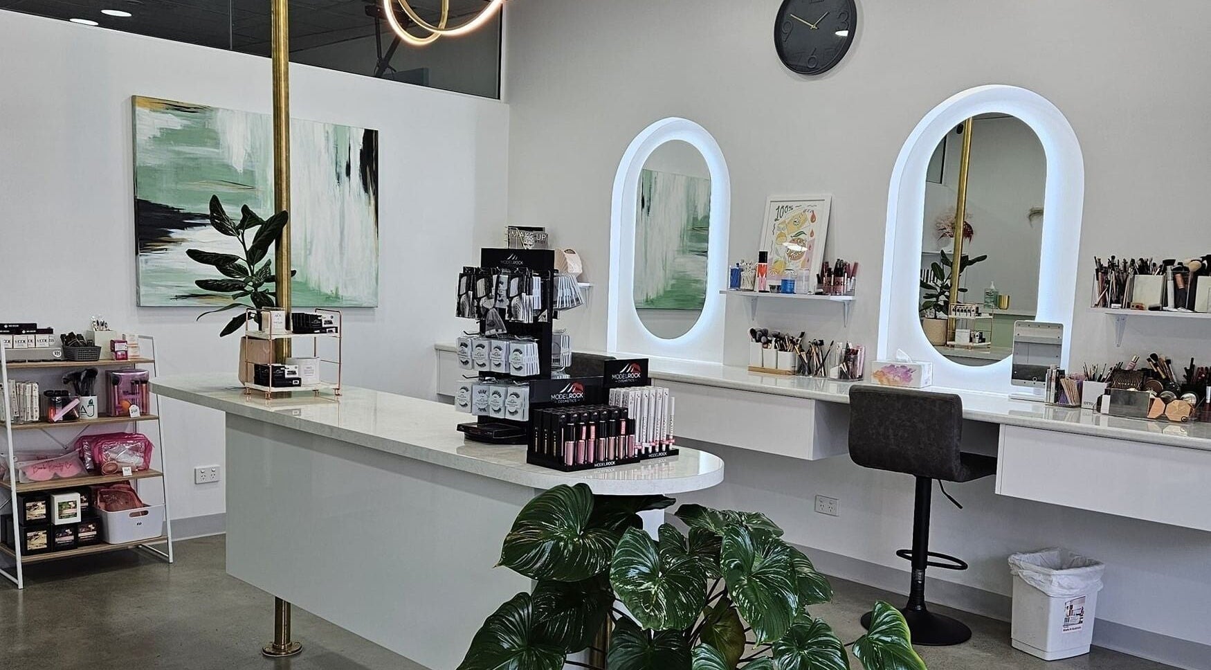 Elegant interior of AJ Makeup Studio in Launceston, Tasmania, AU featuring modern decor and beauty products.