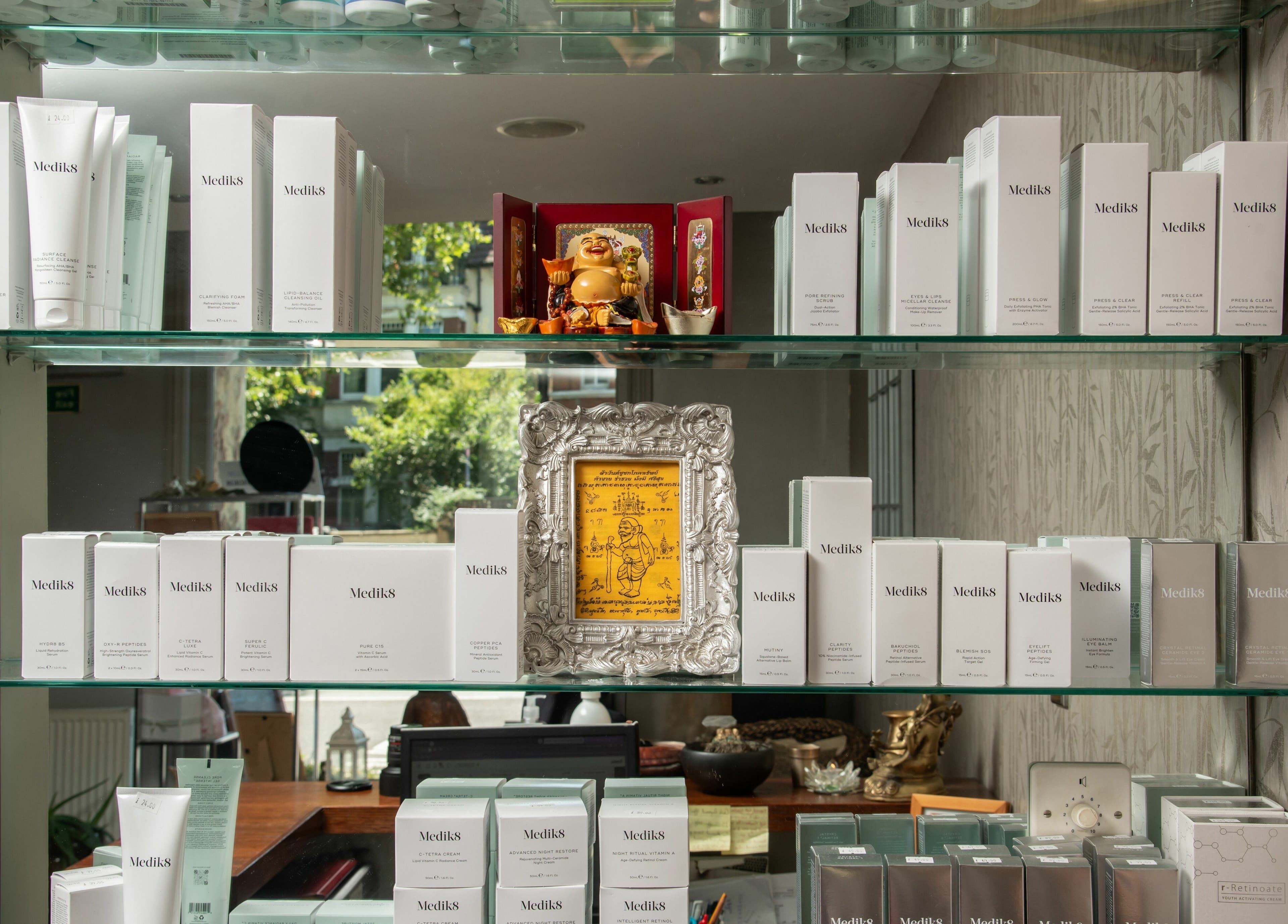 Himalayan Springs Spa & Massage Centre showcases premium products on elegant shelves in London, England, GB.