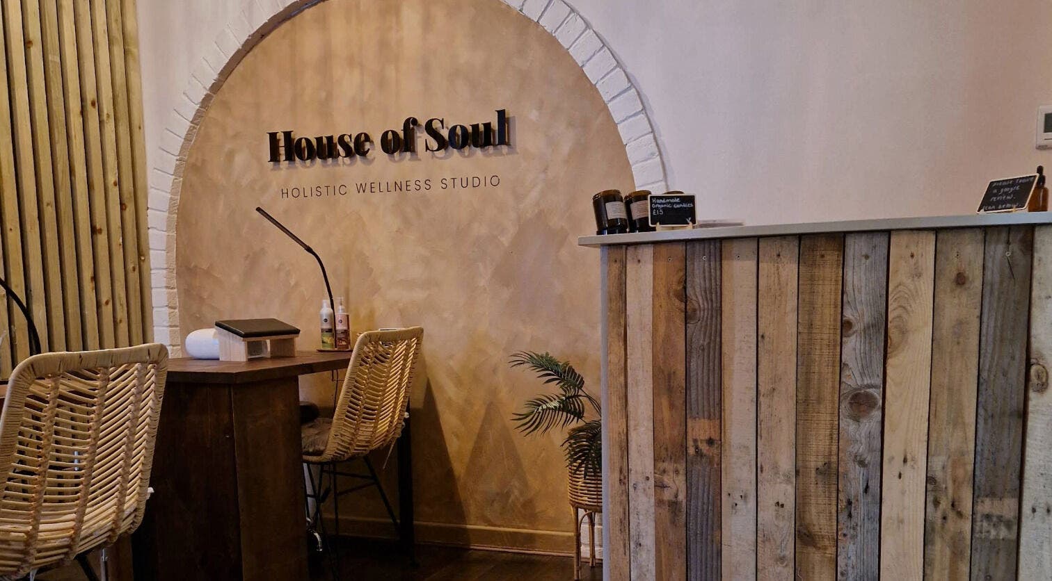 Cozy interior of House of Soul Fulwood in Preston, England, GB with rustic decor and inviting reception area.