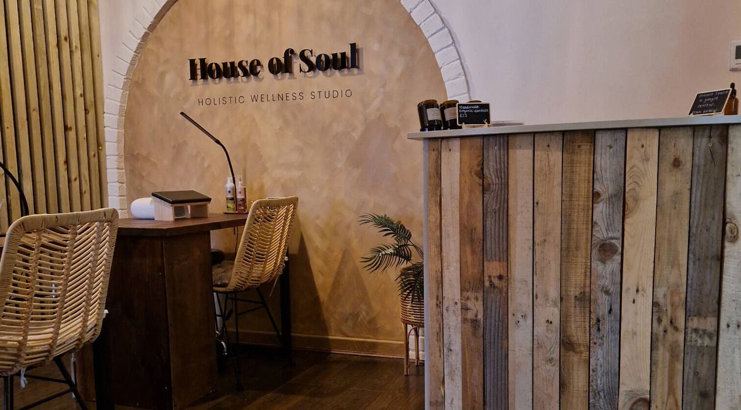 Reception area of House of Soul Fulwood in Preston, England, GB with rustic wooden design.