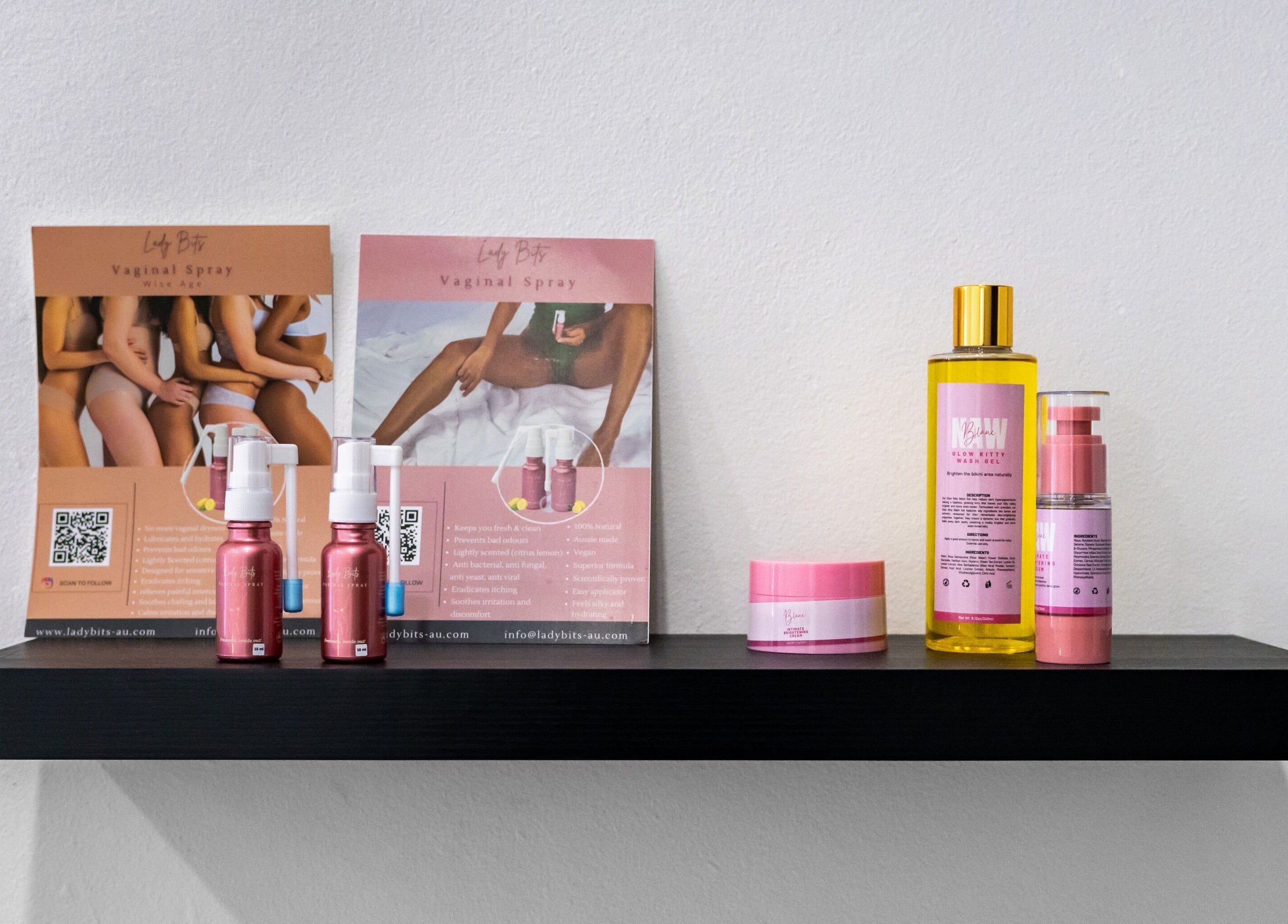 Shelf at Luminous Skin by Amal, Rockdale, NSW displaying beauty products elegantly arranged.