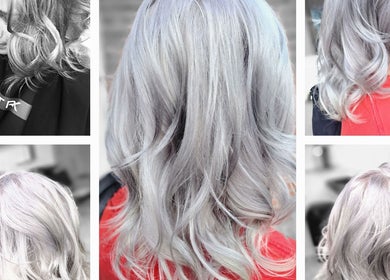 Stunning silver hairstyles at Hairbyscot in Washington, Missouri, US. Elegant curls and smooth textures.