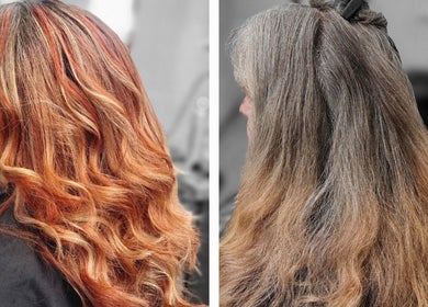Before and after hair color transformation at Hairbyscot, Washington, Missouri, US, showcasing vibrant red tones.