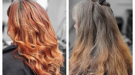 Before and after hair color transformation at Hairbyscot, Washington, Missouri, US, showcasing vibrant red tones.