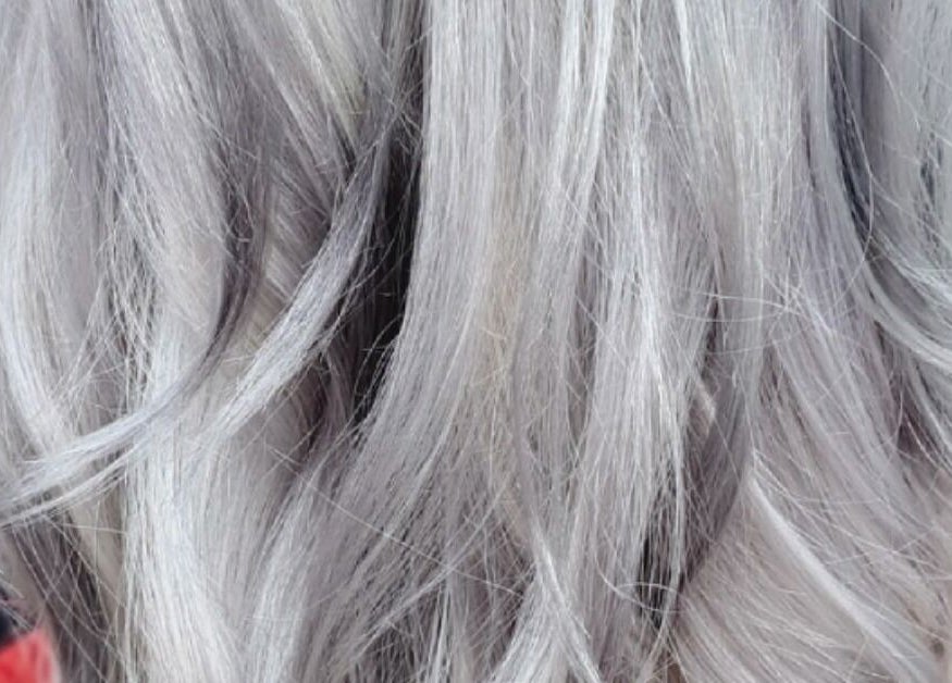 Close-up of styled silver hair at Hairbyscot in Washington, Missouri, US showcasing vibrant, healthy texture.