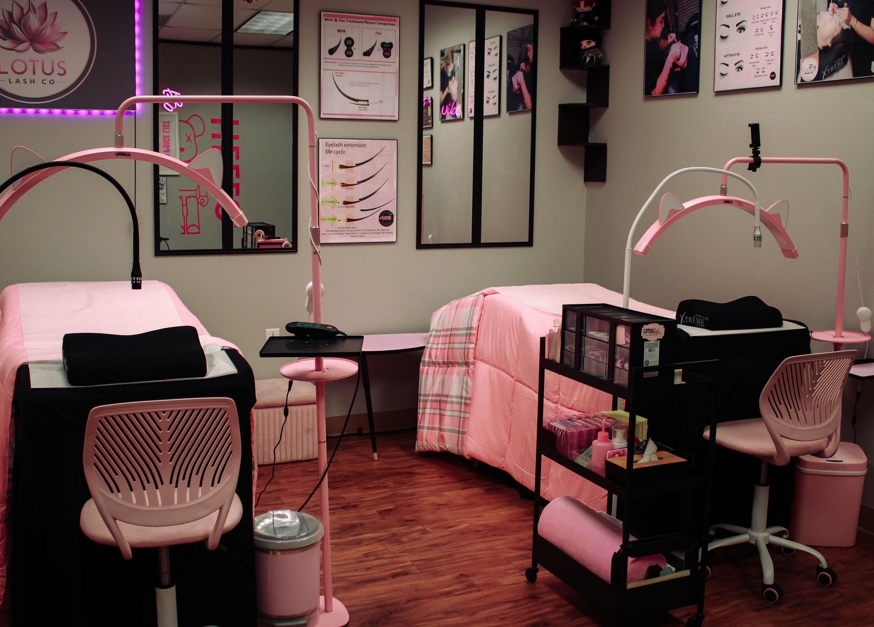 Interior of Lotus Lash Co in Stafford, Texas, US showcasing cozy lash extension workstations.