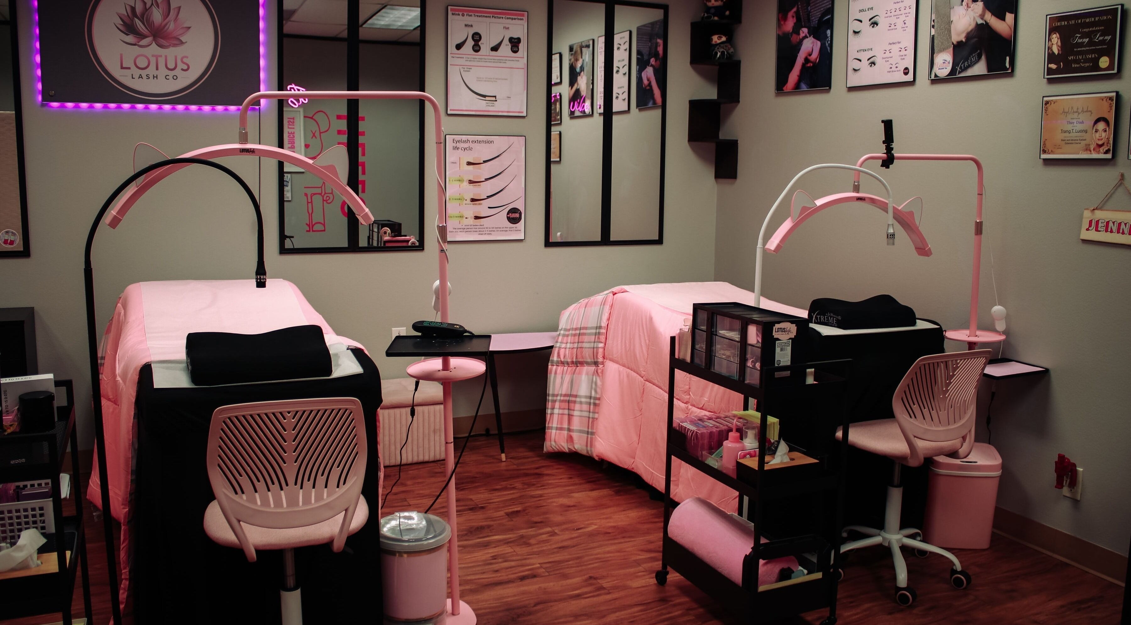 Interior of Lotus Lash Co in Stafford, Texas, US showcasing cozy lash extension workstations.