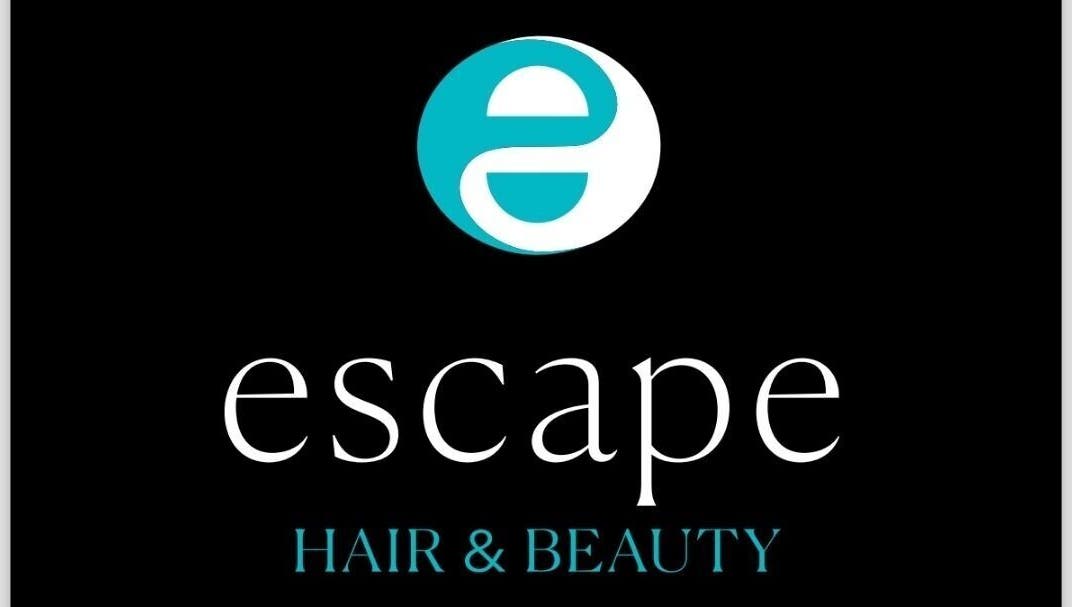 Escape Hair & Beauty logo with teal accents in London, England, GB on a black background.