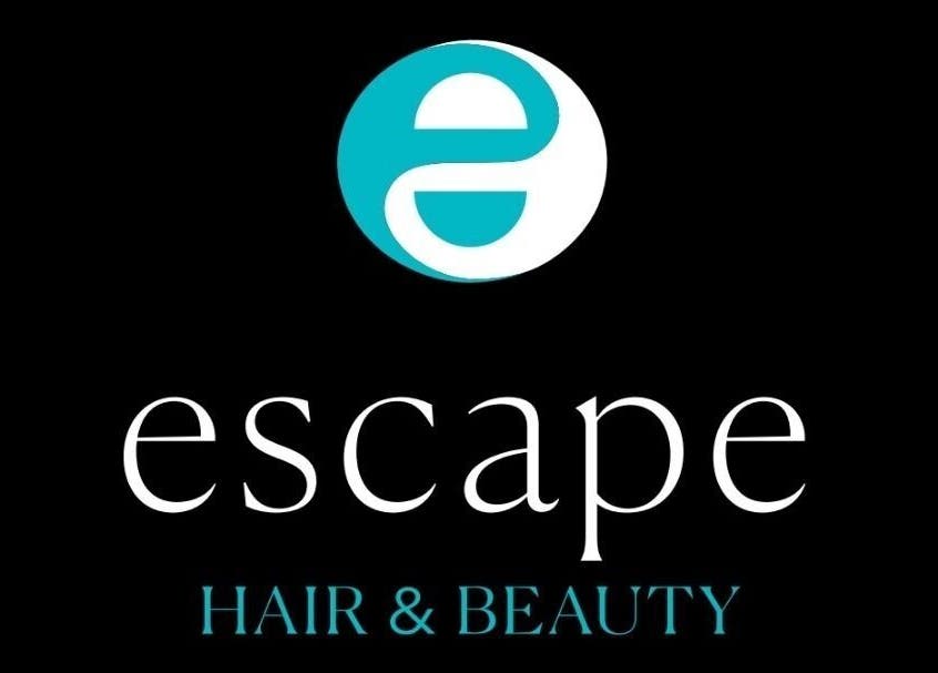 Escape Hair & Beauty logo with teal accents in London, England, GB on a black background.