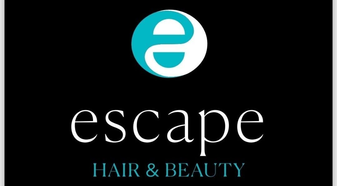 Escape Hair & Beauty logo with teal accents in London, England, GB on a black background.