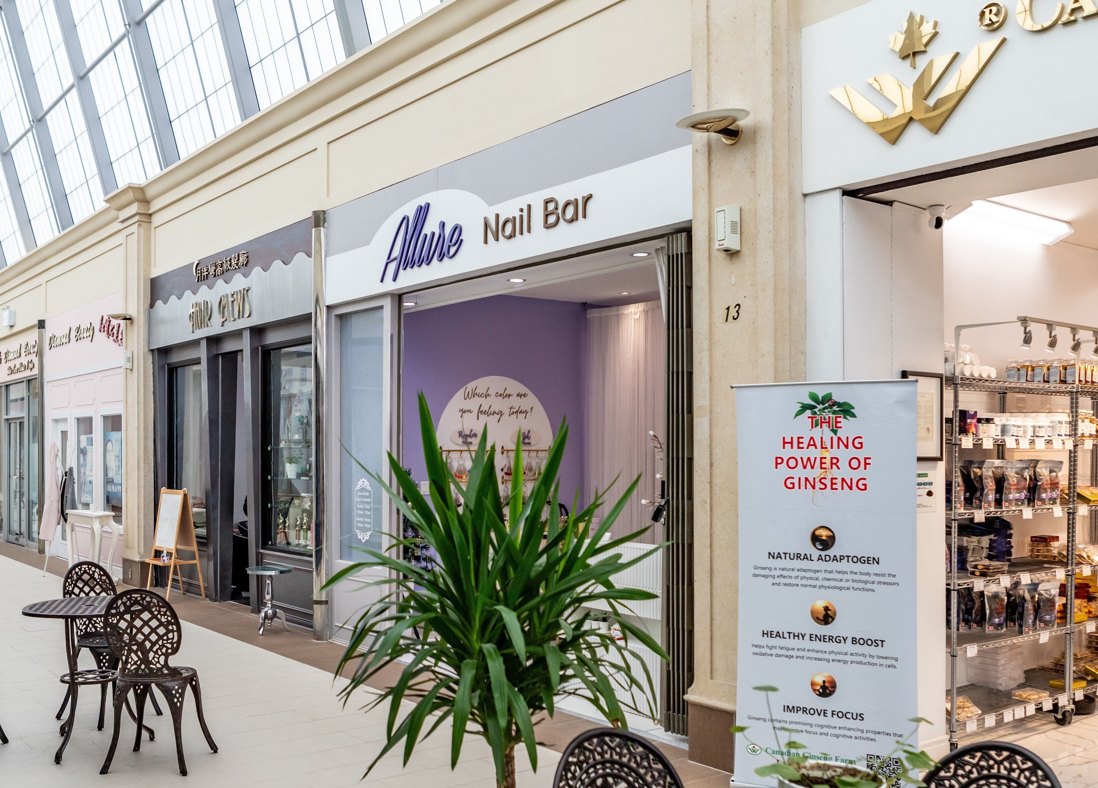 Exterior of Allure Nail Bar at Mississauga, Ontario, CA inside a modern mall.
