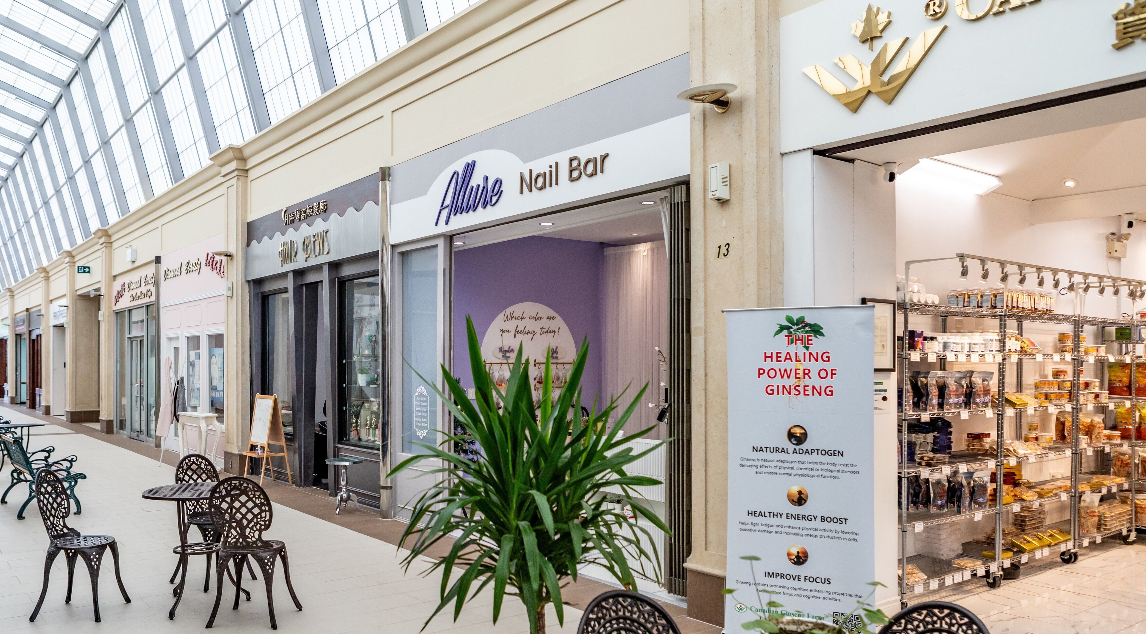 Exterior of Allure Nail Bar at Mississauga, Ontario, CA inside a modern mall.