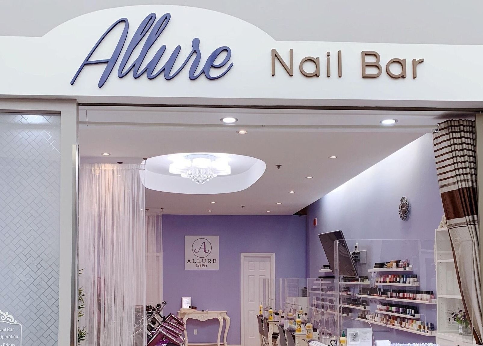 Entrance of Allure Nail Bar in Mississauga, Ontario, CA showcasing a chic and serene interior design.