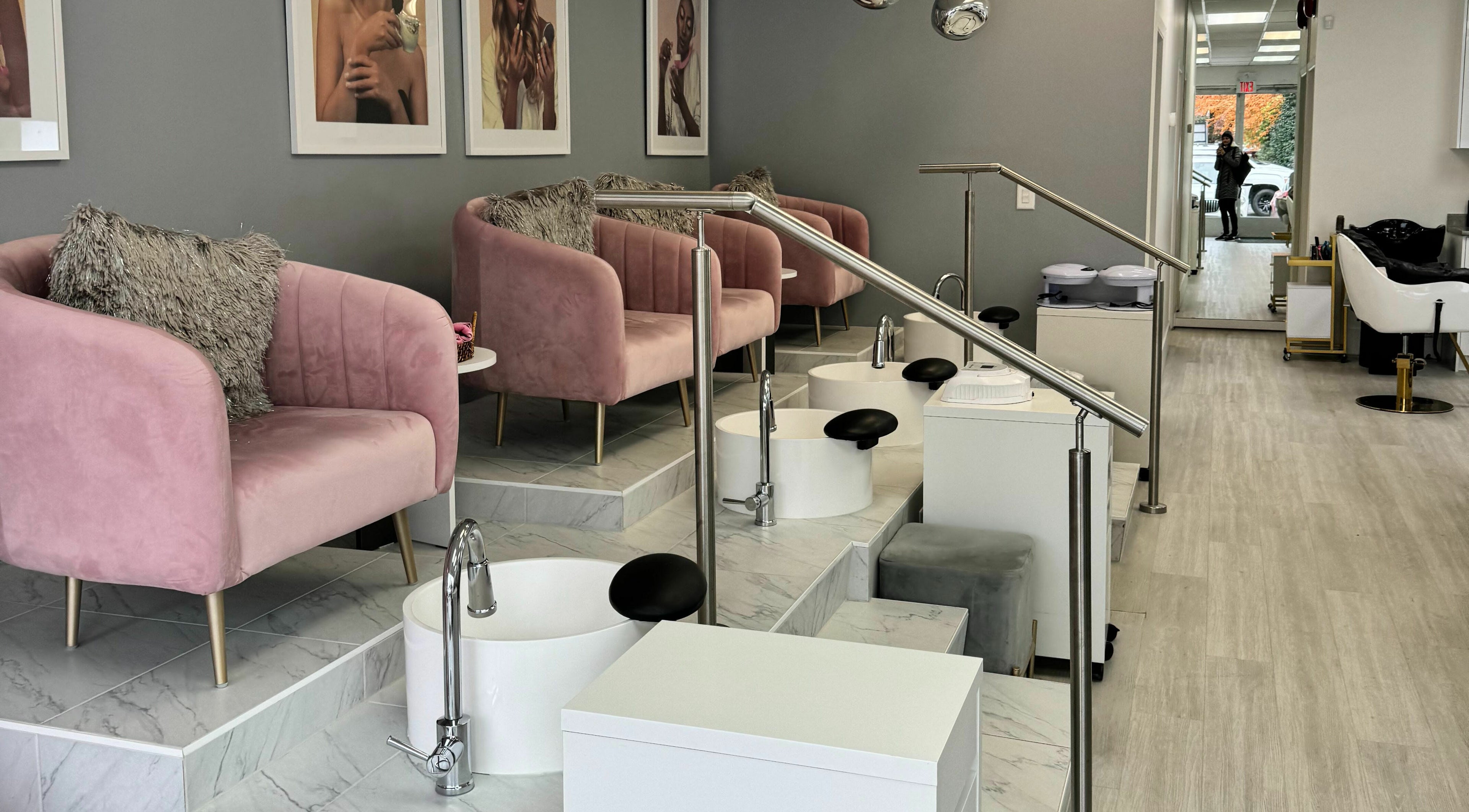 Luxurious pedicure chairs inside Monail Beauty, North Vancouver, British Columbia, CA, with stylish decor.
