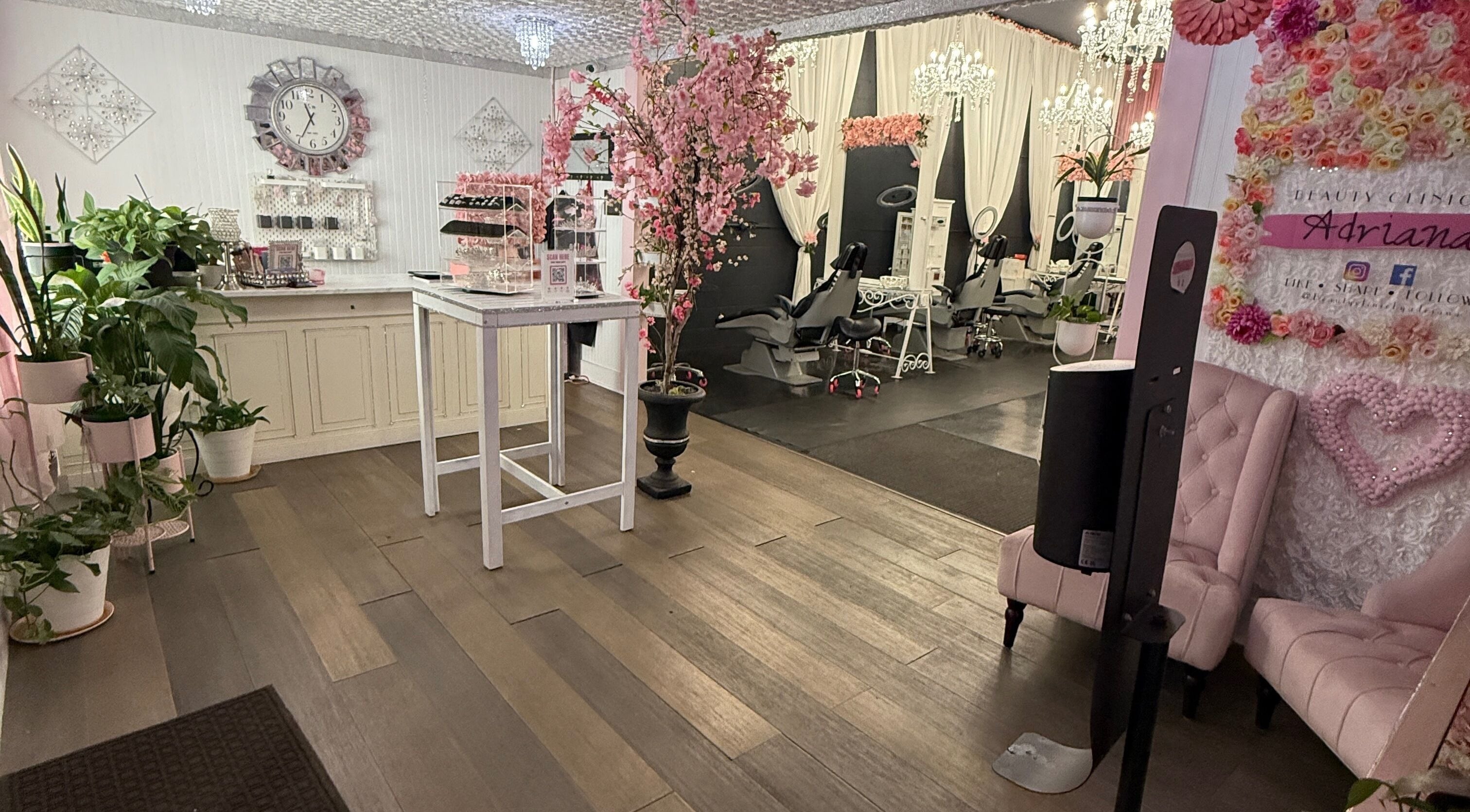 Interior of Beauty Clinic By Adriana in Perris, California, showcasing elegant decor and serene treatment chairs.