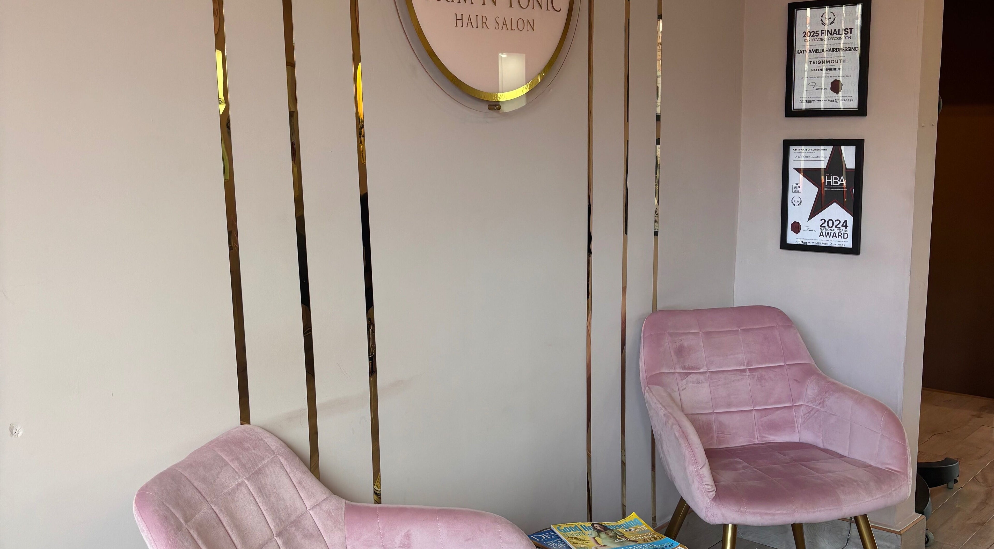 Elegant seating in Trim N Tonic salon, Teignmouth, England, GB, showcasing modern style and displayed awards.